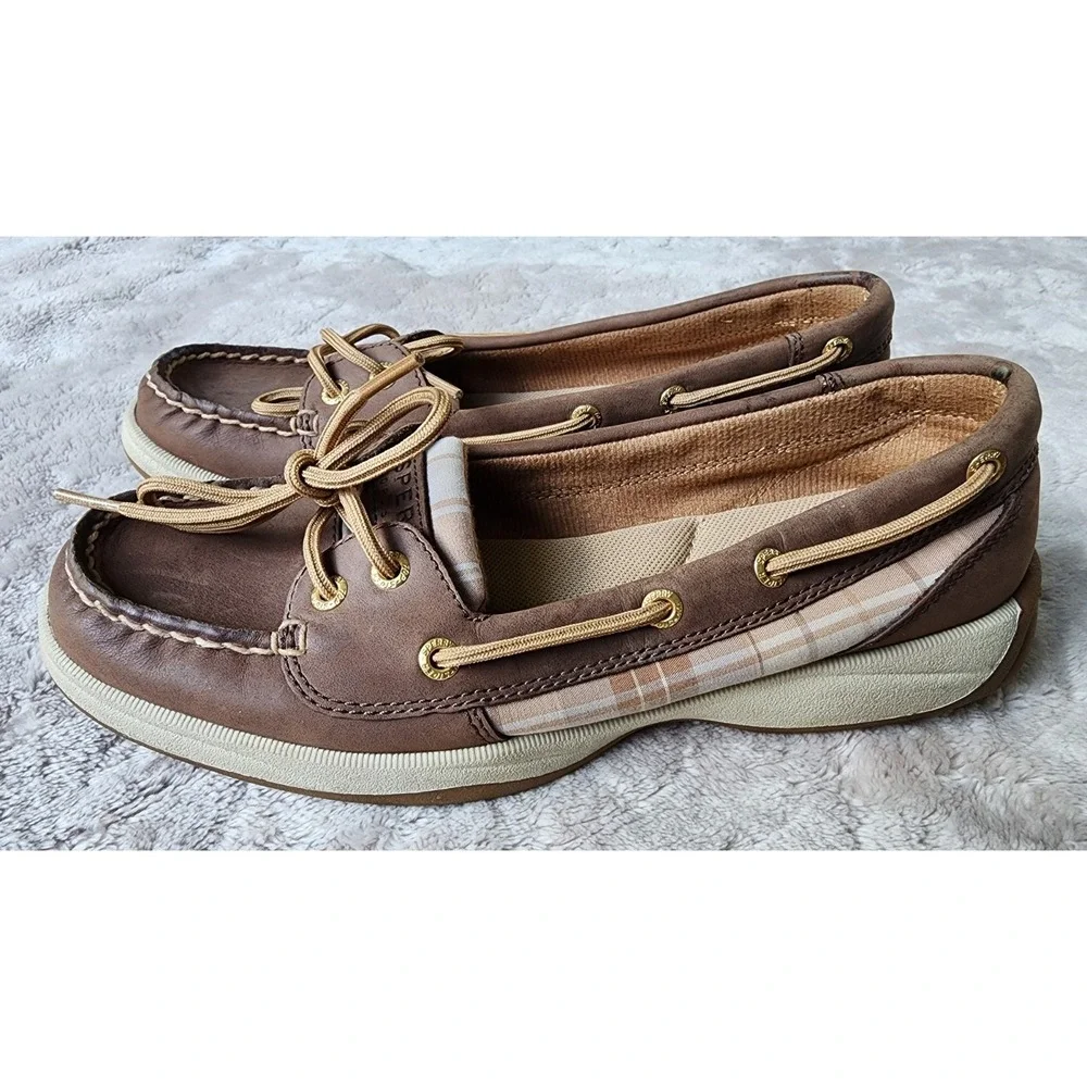 Sperry Angelfish Brown Leather Plaid Boat Shoes Womens 7 STS90332